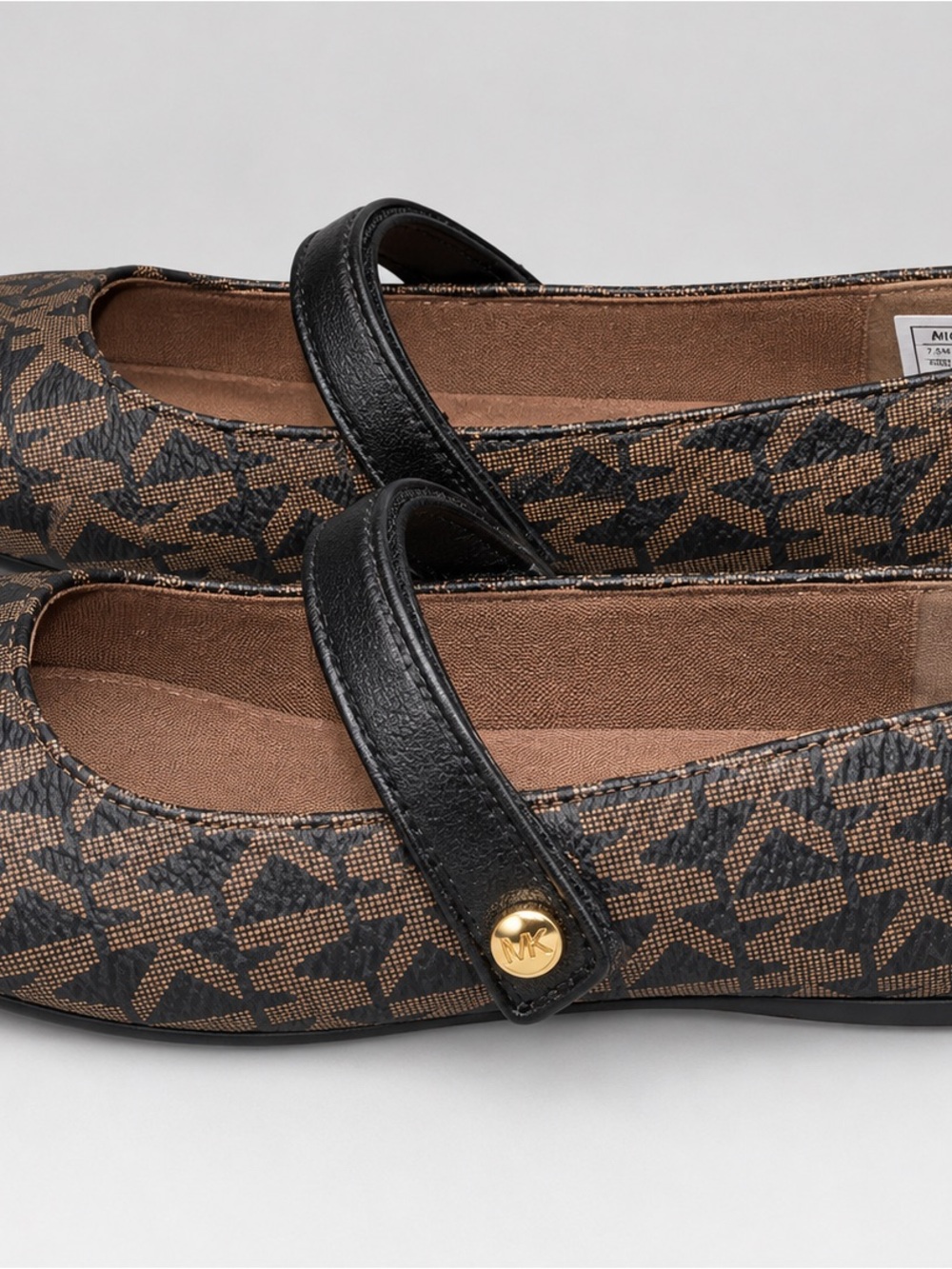 MICHAEL Michael Kors Brown and Black Logo Mary Jane Flats with Gold MK Accent